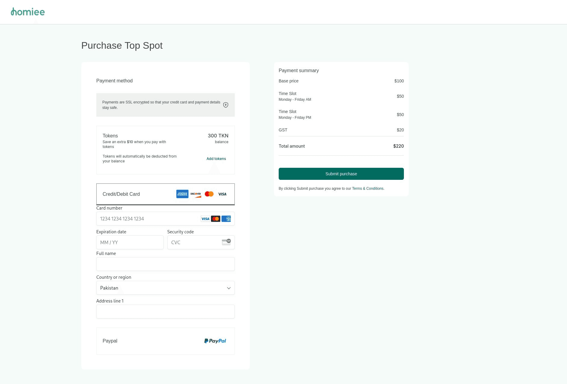 Homiee purchase page for a Top Spot listing with a payment summary including GST, a token balance option, card entry and PayPal.