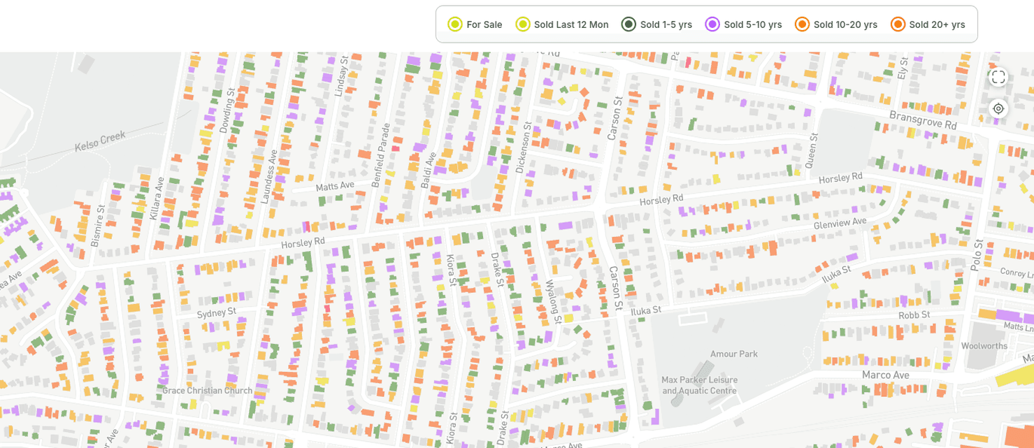 Street map of a Sydney suburb where each individual building footprint is coloured by sale recency, from for sale through sold 20 or more years ago.